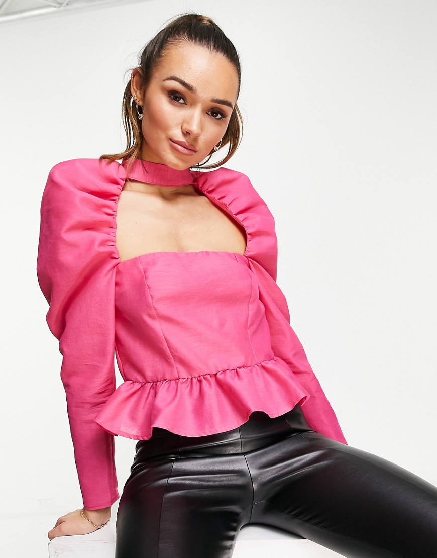 ASOS DESIGN top with cut out neck & volume sleeve in hot pink-Purple
