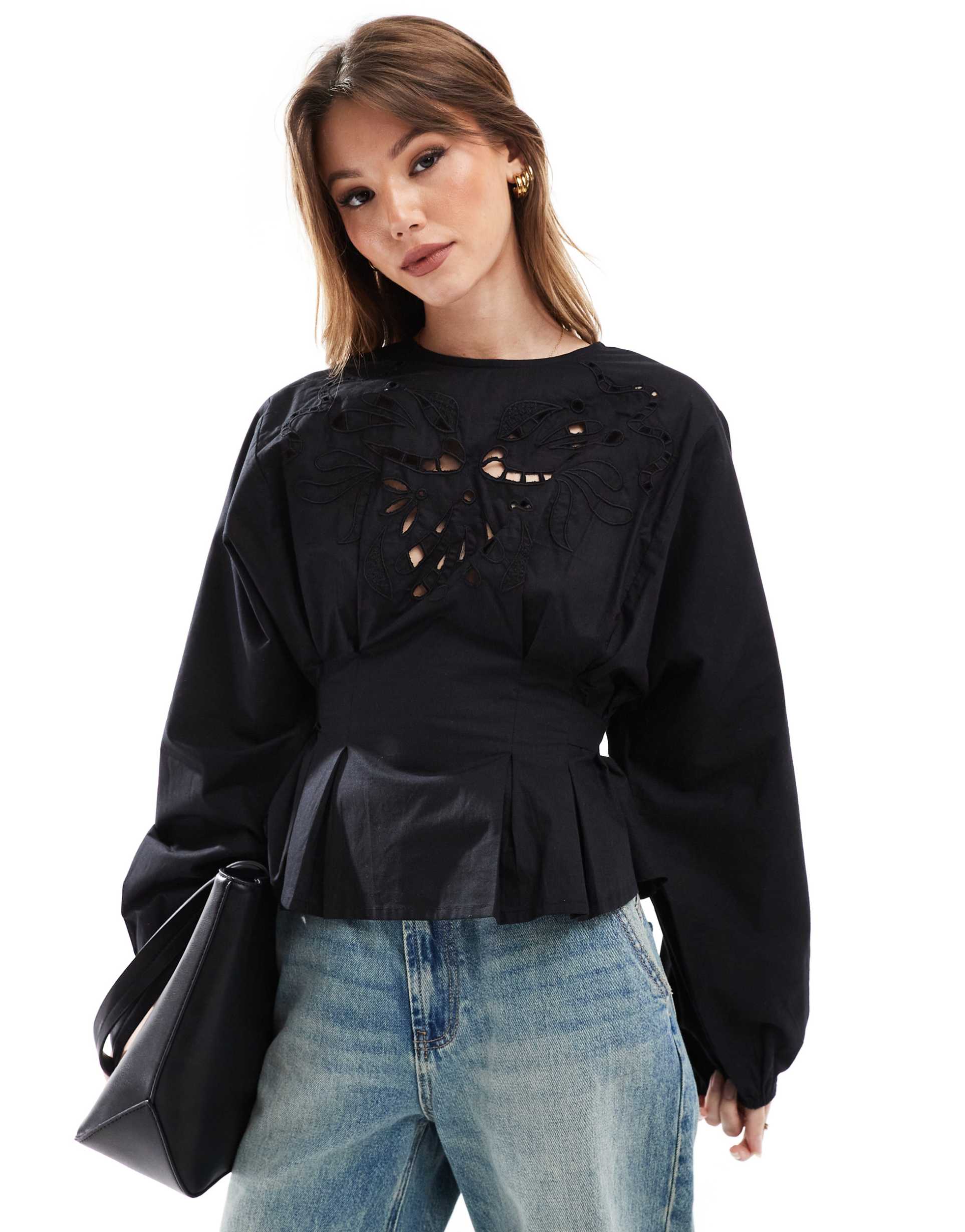 asos design top with cutwork detail and tie back waist