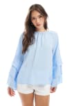 [ASOS DESIGN] ASOS DESIGN top with flare sleeve in soft touch fabric in blue 12 blue