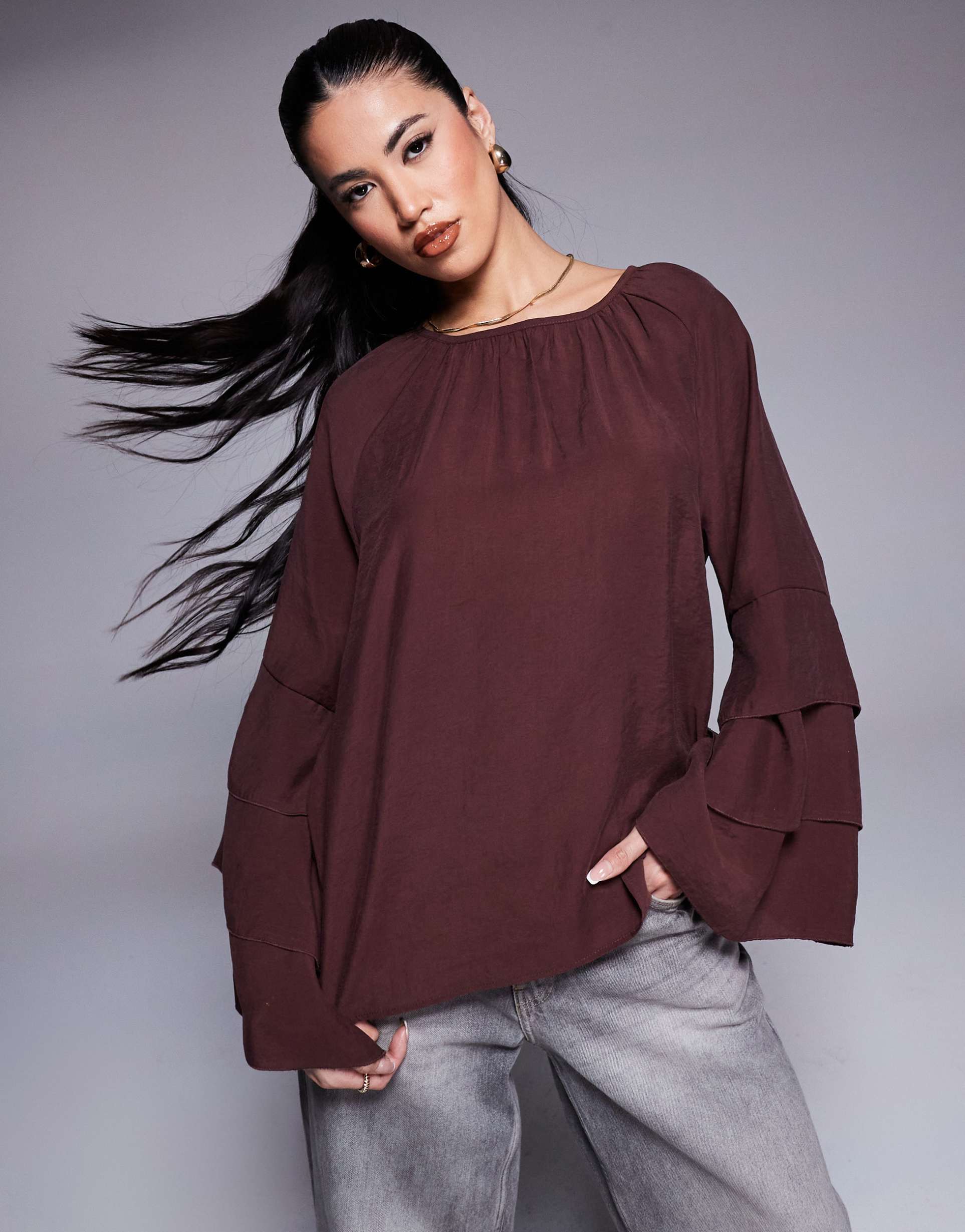 asos design top with flare sleeve in soft touch fabric in brown