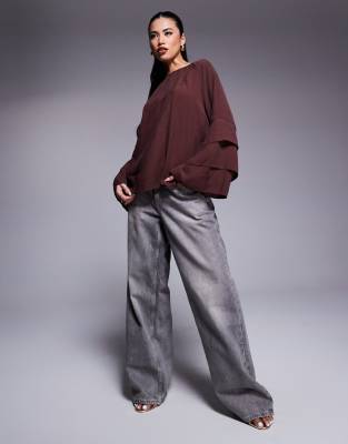 Asos Design Top With Flare Sleeve In Brown