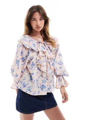 Asos Design Top With Frill Collar Detail In Multi