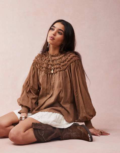 ASOS DESIGN top with gathered yoke and tie neck detail in brown