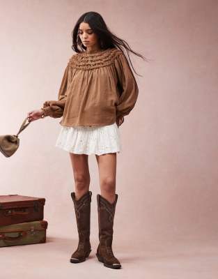 Asos Design Top With Gathered Yoke And Tie Neck Detail
