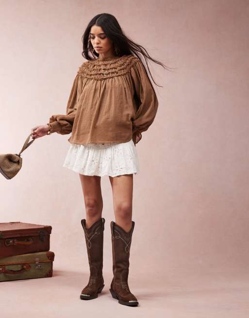 ASOS DESIGN top with gathered yoke and tie neck detail in brown