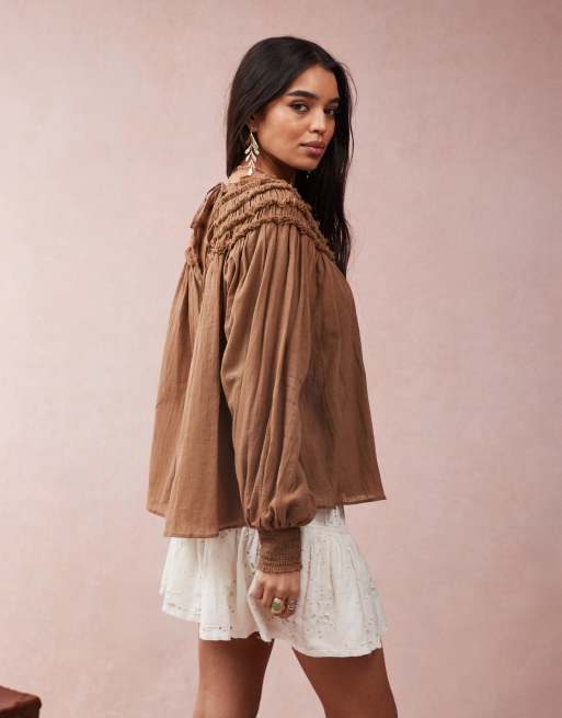 ASOS DESIGN top with gathered yoke and tie neck detail in brown, 3 of 4