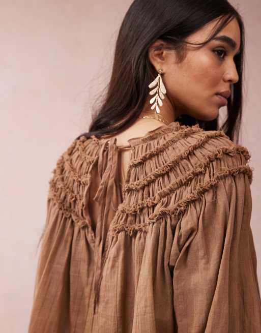 ASOS DESIGN top with gathered yoke and tie neck detail in brown