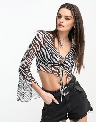 ASOS DESIGN top with lace up detail & piping in zebra print