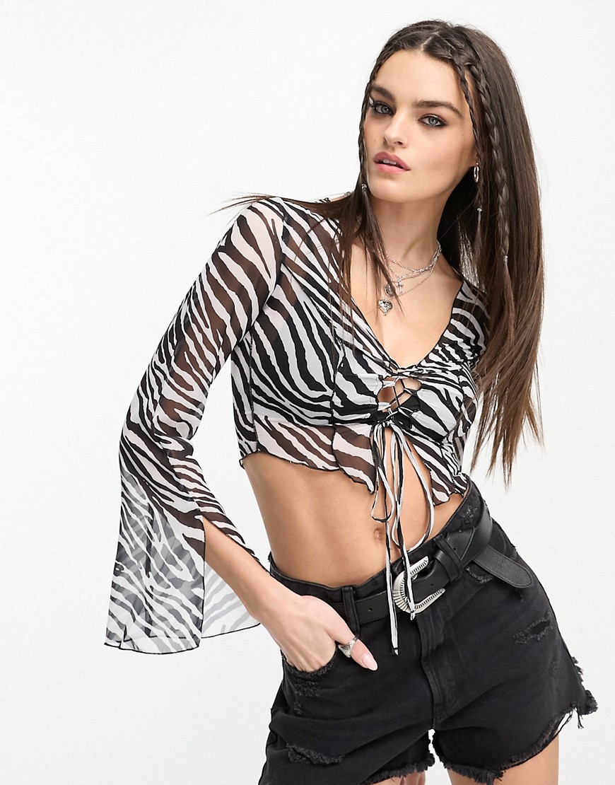 ASOS DESIGN top with lace up detail & piping in zebra print-Multi