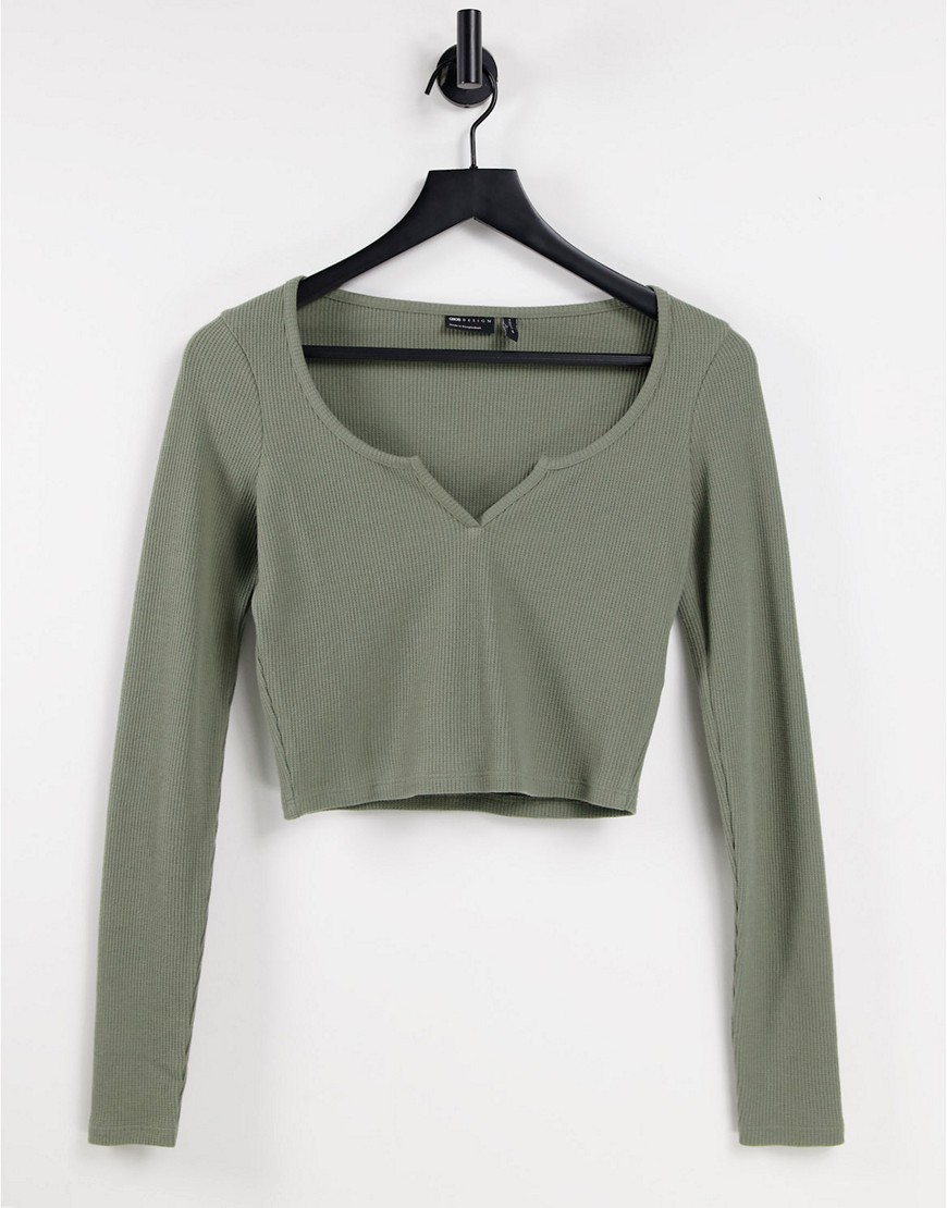 ASOS DESIGN top with notch neck in waffle with long sleeve in khaki-Green