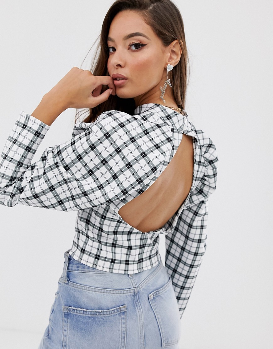 ASOS DESIGN top with puff sleeve and open back in check print-White