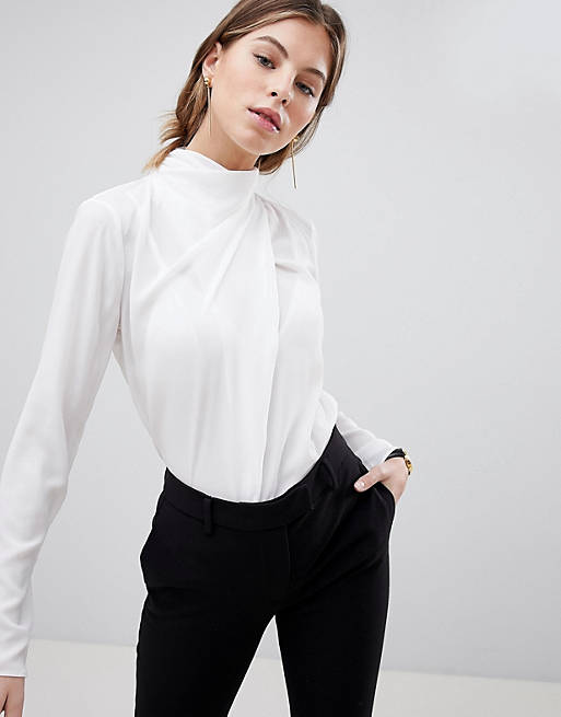 ASOS DESIGN top with ruched high neck in white