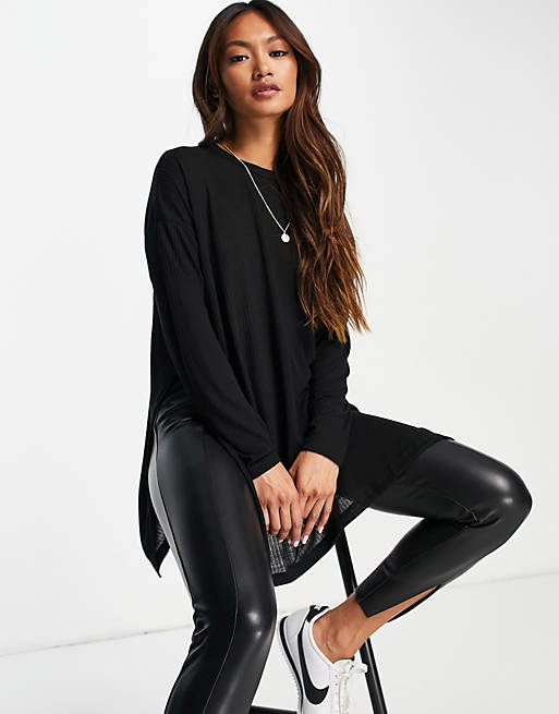 ASOS DESIGN top with side splits and long sleeve in clean rib in black
