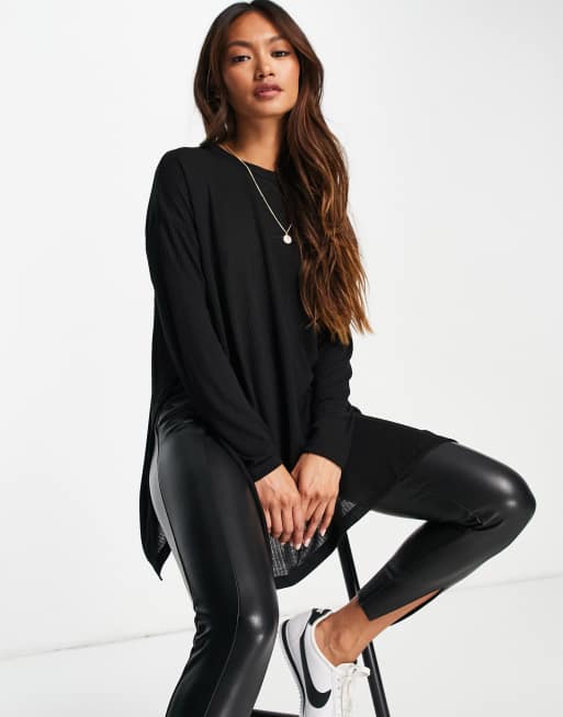 ASOS DESIGN top with side splits and long sleeve in clean rib in black