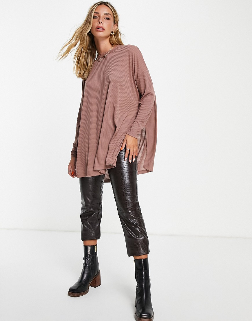 ASOS DESIGN top with side splits and long sleeve in clean rib in dusty rose-Pink