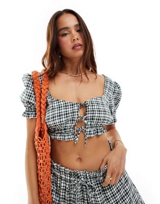 Asos Design Top With Tie Front In Black And White Gingham - Part Of A Set-multi