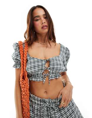 Asos Design Top With Tie Front In Black And White Gingham - Part Of A Set-multi