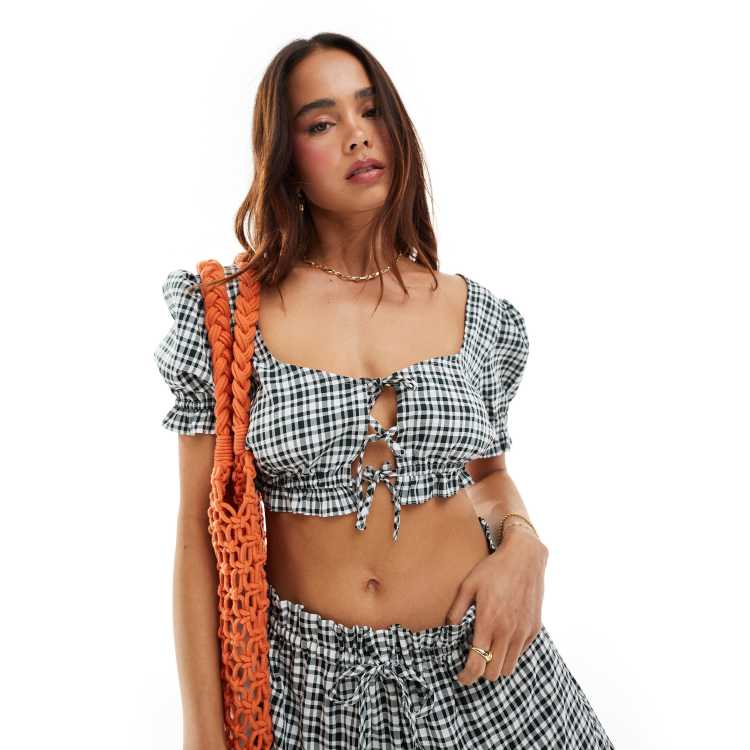 売れ筋商品|||エラン カットソー トップス レディース Women's Seersucker Tie-Front Puff-Sleeve Top Black Gingham エラン レディース カットソー トップス Women's Seersucker Tie