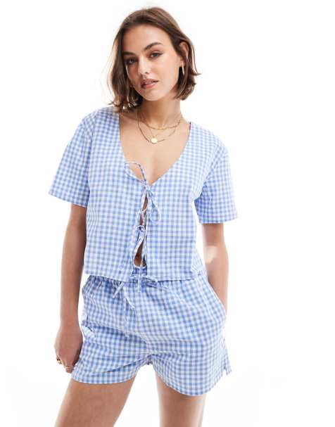 ASOS DESIGN top with tie front in blue gingham - view 1