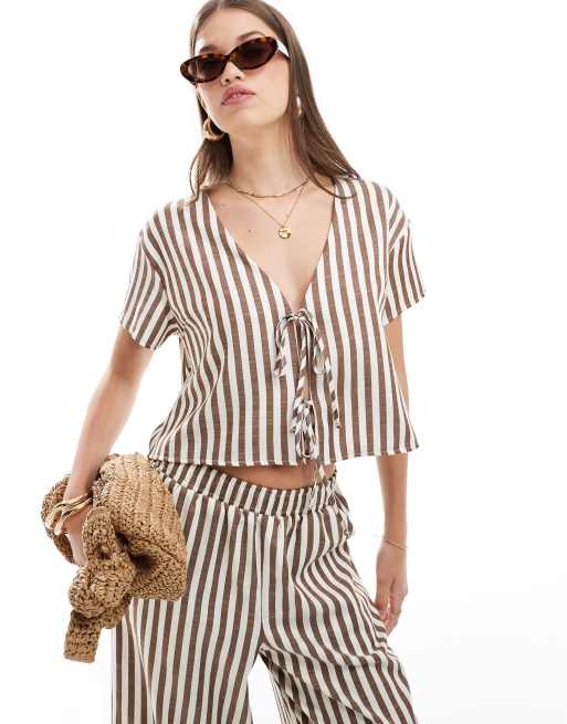 ASOS DESIGN top with tie front in brown stripe - part of a set