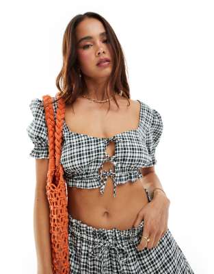 ASOS DESIGN ASOS DESIGN top with tie front in mono gingham co-ord-Multi