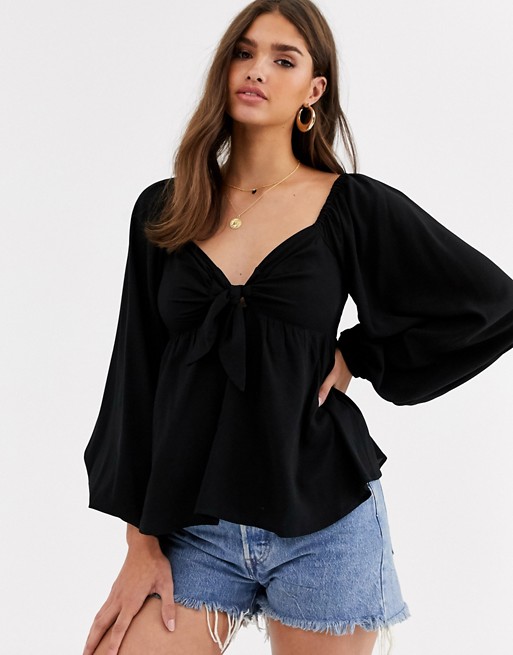 ASOS DESIGN top with volume sleeve and tie front detail | ASOS