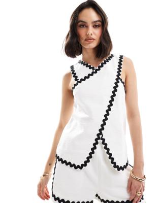 ASOS DESIGN ASOS DESIGN top with wrap front and rik rak trim in mono co-ord-Black