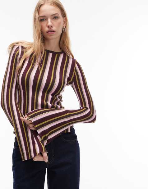 ASOS DESIGN fine knit top with flare sleeve in multi stripe