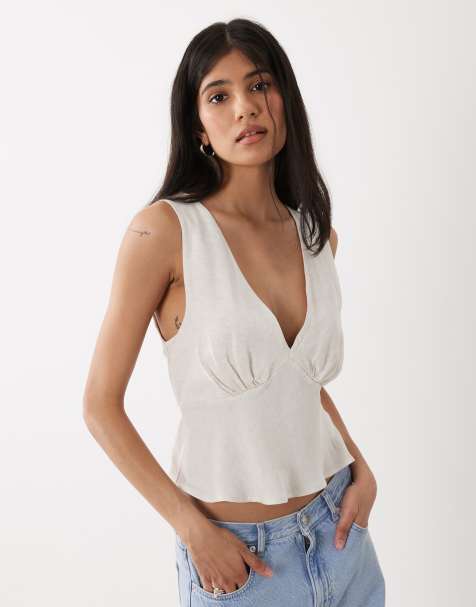 ASOS DESIGN – Top z dekoltem halter z domieszką lnu w kolorze neutralnym - view 1