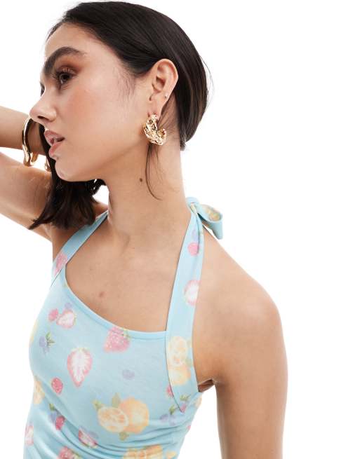 ASOS DESIGN – Top z dekoltem halter z wiązaniem i nadrukiem w owoce