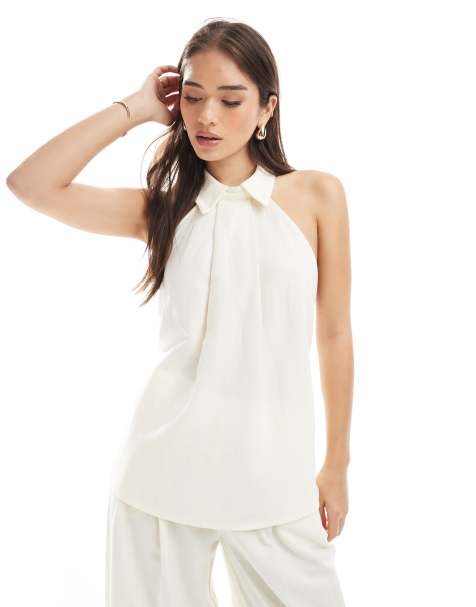 ASOS DESIGN collar detail halter top in ecru co ord