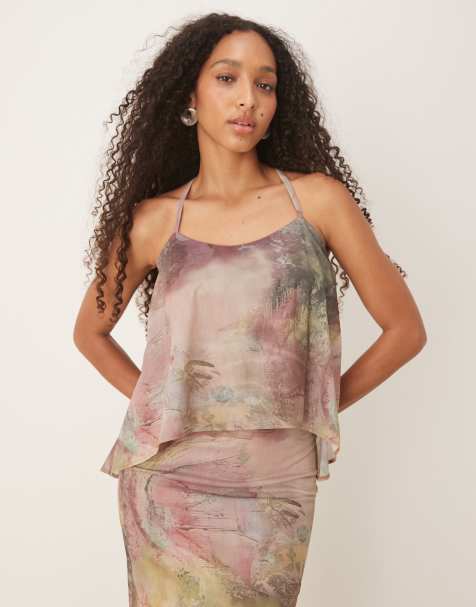 ASOS DESIGN co-ord tie back halter neck cami top in abstract print