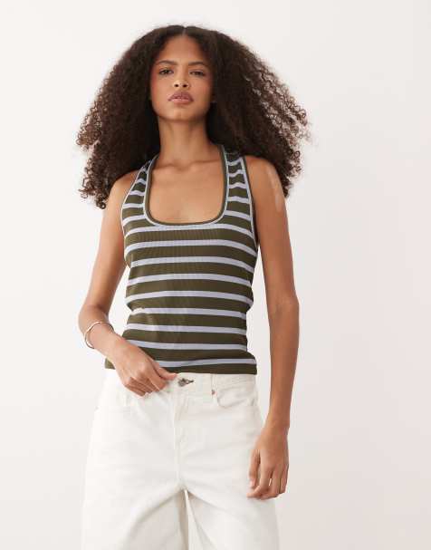 ASOS DESIGN – Top z dekoltem typu halter w zielono-niebieskie paski z kontrastową lamówką - view 1
