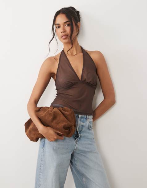 ASOS DESIGN – Top z dekoltem typu halter z prześwitującej siateczki w czekoladowobrązową kratkę vichy - view 1