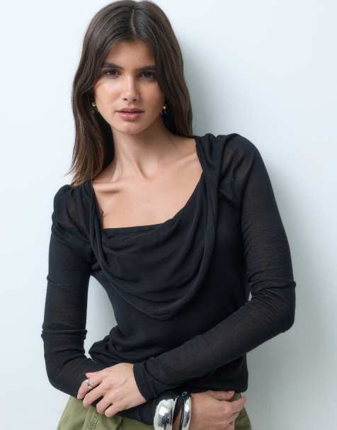 ASOS DESIGN top z delikatnej dzianiny z drapowanym golfem w czerni - view 1