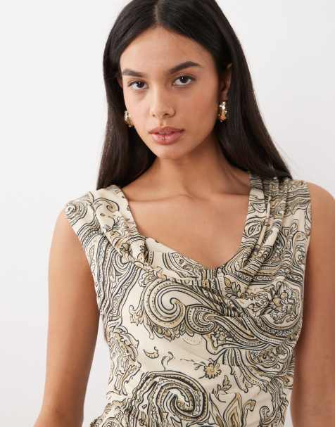 ASOS DESIGN top z drapowanym dekoltem w beżowy wzór - view 1