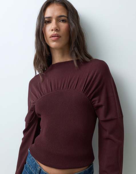 ASOS DESIGN top z długim rękawem, marszczony detal, z delikatnej dzianiny w kolorze czekoladowym - view 1
