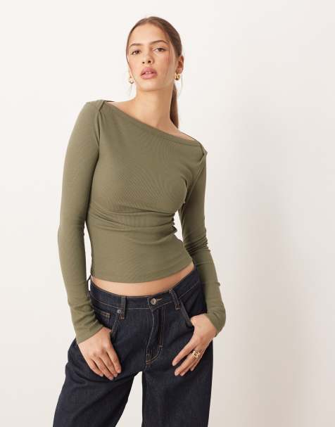 ASOS DESIGN – Top z długimi rękawami, dekoltem w łódkę i lamówką, w kolorze khaki - view 1
