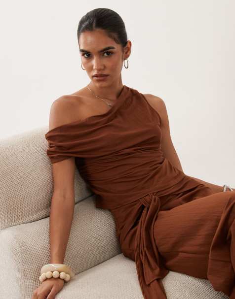 ASOS DESIGN top z efektem lnu, asymetryczny, z drapowanym dekoltem, część zestawu w kolorze rdzawym - view 1