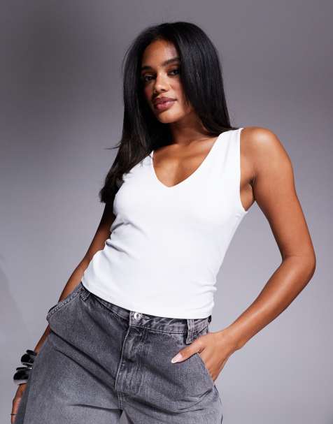 ASOS DESIGN polyamide plunge v neck top in ivory