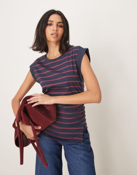 ASOS DESIGN corset waist sharp shoulder  tank top in burgundy and navy stripe