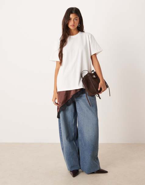 ASOS DESIGN – Top z krótkimi rękawami 2 w 1 z czekoladowobrązową satynową warstwą z koronki - view 1