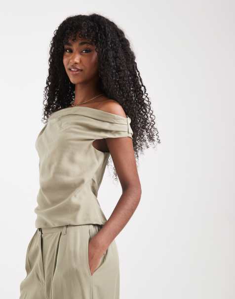 ASOS DESIGN lyocell drape off shoulder top in khaki