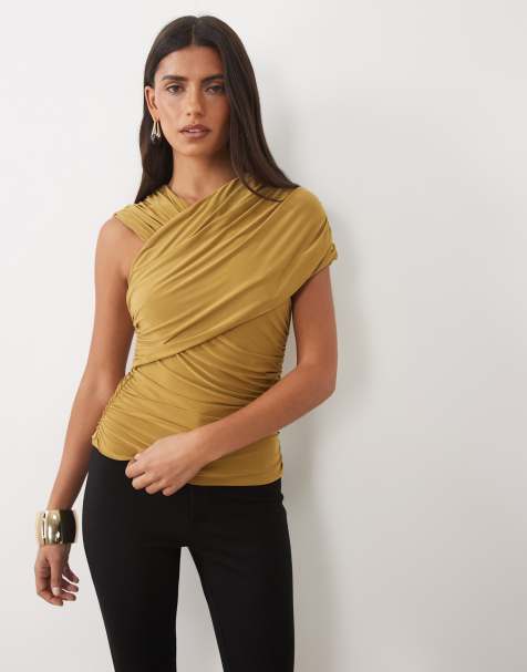 ASOS DESIGN top z marszczeniem i asymetrycznym ramiączkiem w kolorze oliwkowym - view 1