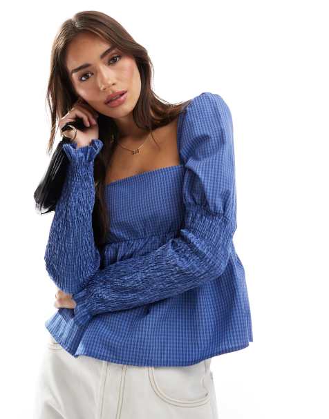 ASOS DESIGN shirred sleeve top in brown check