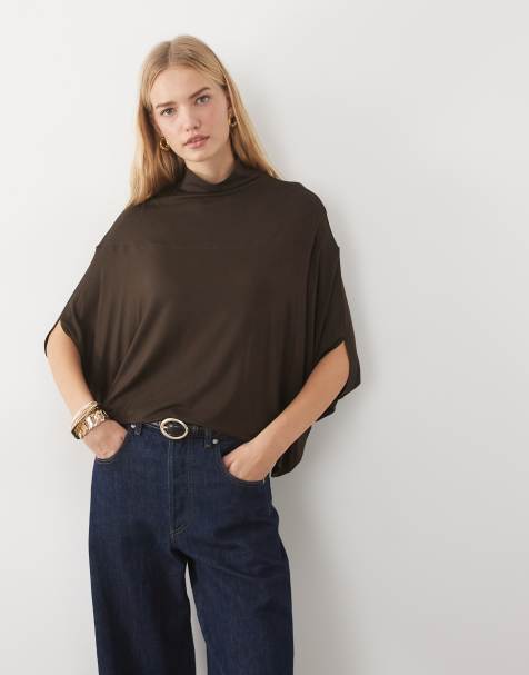 ASOS DESIGN top z modalu z golfem i rękawami batwing w kolorze brązowym - view 1