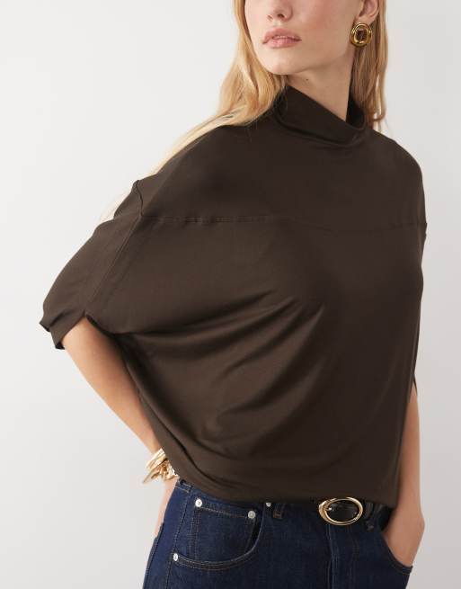 ASOS DESIGN top z modalu z golfem i rękawami batwing w kolorze brązowym, 3 z 4