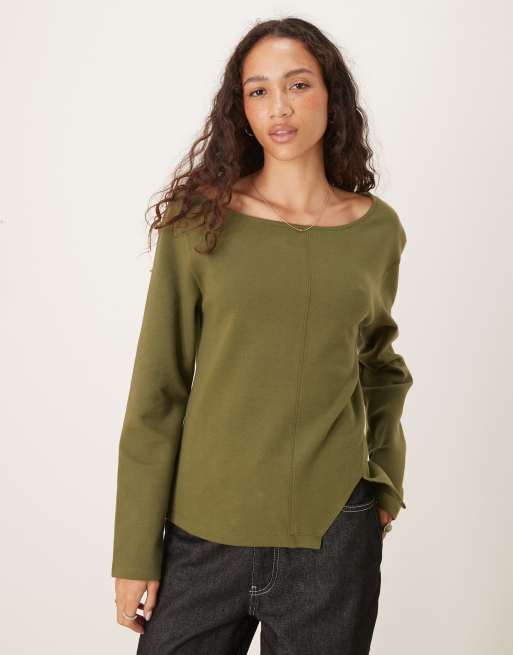 ASOS DESIGN – Top z odkrytymi ramionami i długimi rękawami z materiału interlock ze szwem z przodu w kolorze khaki