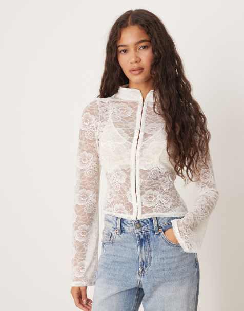 ASOS DESIGN sheer lace hook and eye flare sleeve top in ivory