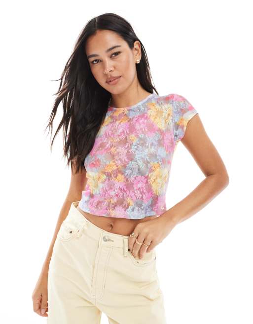 ASOS DESIGN – Top z prześwitującej siateczki z krótkimi rękawami i różowym kwiatowym wzorem, część zestawu